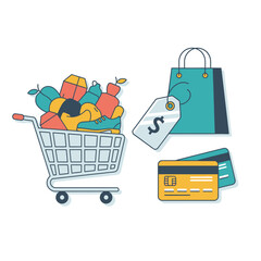 Online shopping frenzy with full cart, shopping bag, and credit cards symbolizing retail convenience and consumerism