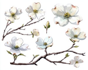 Dogwood Illustration. Beautiful Doodle Flower Set on White Background