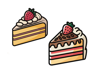 Delicious cartoon-style illustration of two strawberry cake slices with cream and chocolate topping, perfect for dessert menus, bakery branding, or food-themed designs.