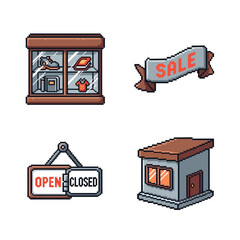 Charming pixel art collection depicting retail elements like storefronts, display cases, sale banners, and open/closed signs for your next project.