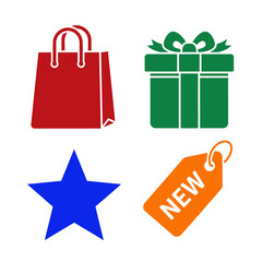 Vibrant shopping bag, festive gift box, bright star, and bold NEW tag celebrate commerce and special offers, perfect for sales promotions.