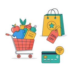 Effortlessly shop and save with vibrant icons depicting a full cart, sale tag, and contactless payment