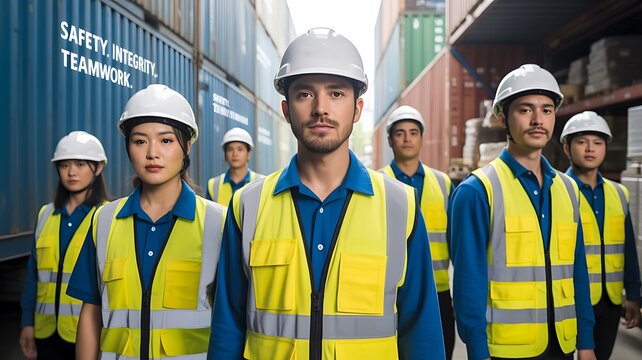Group of industrial workers wearing safety helmets and vests at shipping container yard
