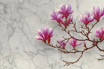 Pink magnolia blooms on a brown branch against a marbled white and grey surface