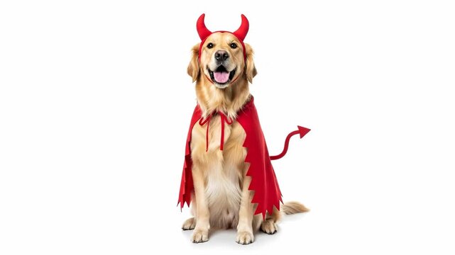 Golden Retriever in Devil Costume - A Golden Retriever dog dressed in a devil costume, featuring red horns, a cape, and a tail.