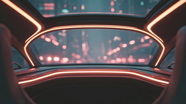 Futuristic car interior blurred glowing neon strips framing panoramic glass