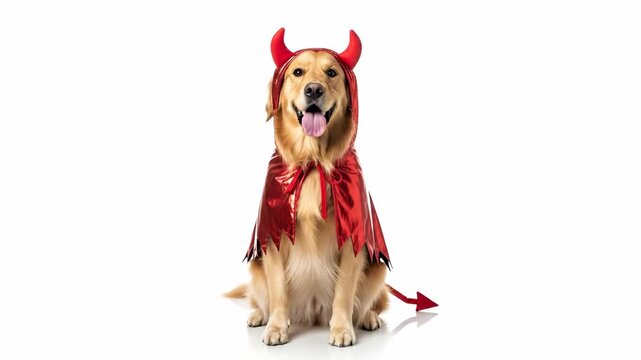 Funny Dog in a Devil Halloween Costume - A golden retriever sits with its tongue out, wearing a red devil costume. The dog is posed against a clean, white background.