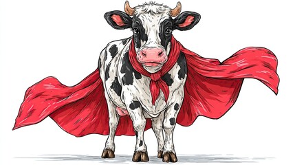 A black-and-white cow, rendered in a cartoon style, wears a red cape and looks directly forward