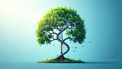 Cartoon Springtime Tree with Bees Flowers Green Grass in Cheerful Colors Against Gradient Blue Background Symbolic of Nature and Growth