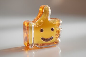Amber Glass Thumb Up Emoji with Smile in Close Up on Smooth Surface
