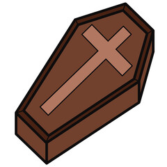 A sealed brown coffin with a cross on the lid