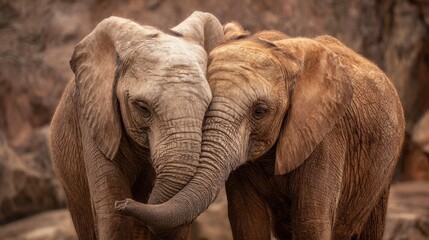 Obraz premium Elephant Hugging. Wildlife Affection in Nature Between Two Big Mammals