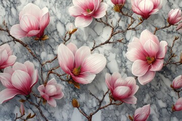 Pink magnolia blooms & branches cascade over a grey marble backdrop, elegant & floral