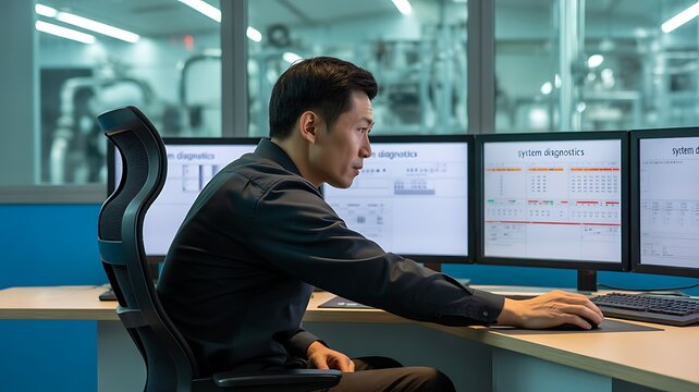 Technician monitoring multiple computer screens in industrial control room for process management
