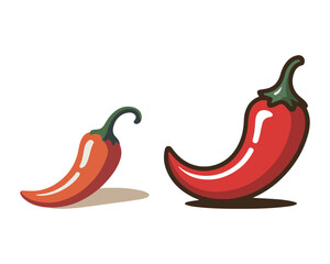 Cartoon illustration of red chili peppers with green stems on white background &ndash; spicy food symbol, hot pepper clipart for kitchen decor, recipe design, and digital artwork.