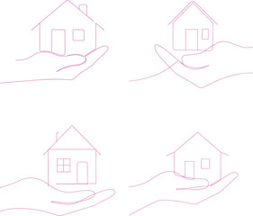 Hand holding a line drawing of a house representing homeownership and security and Continuous line drawing