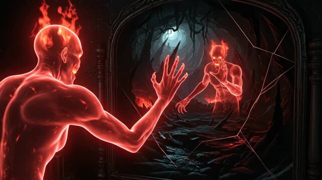 Evil Spirit in Mirror Reflection - A fiery, demonic figure reaches toward a reflection of itself in a shattered mirror.
