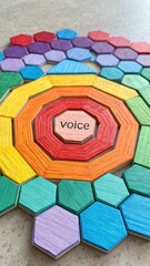 Colorful Hexagonal Wooden Blocks Arranged in a Spiral Pattern