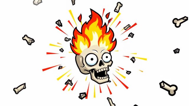 Exploding Skull Cartoon Animation - A comical cartoon skull with fire on its head, radiating energy, with scattered bones and debris.