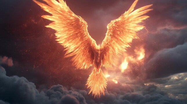 Dramatic visual featuring a fiery winged silhouette, radiant with intense orange and yellow glow, set against a dark, stormy cloudscape with hints of the setting sun. 