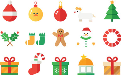 Flat christmas icons including tree gift and gingerbread man
