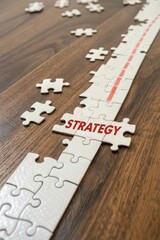 Puzzle Pieces on Wooden Surface with Strategy Concept Visualization