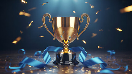 A golden trophy with blue ribbon and confetti on a wooden surface against a dark blue background
