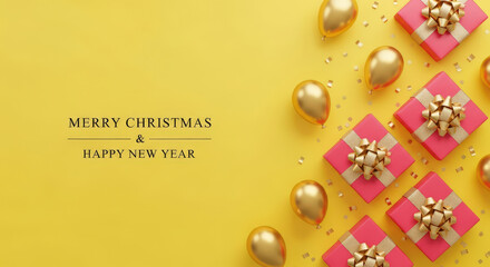 Fototapeta premium New Year's Celebration Yellow Background Gifts Ornaments Balloons Decoration