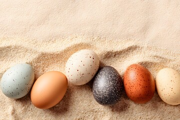 Colorful Speckled Eggs in Sand Beach Scene Natural Light