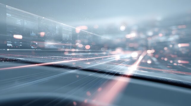 Futuristic autonomous car workspace blurred AR floating data projection