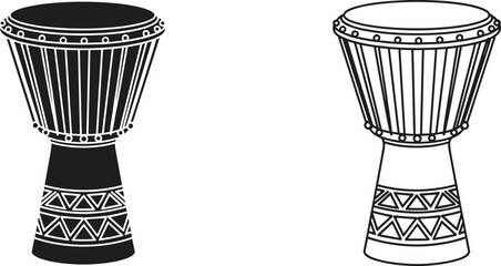 Djembe drum silhouette and outline set, African percussion instrument, black illustration, vector art, white background, cultural music design