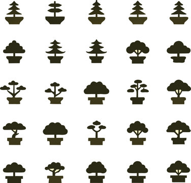 Collection of 30 vector bonsai tree icons in a 6x5 bundle scalable eps illustration