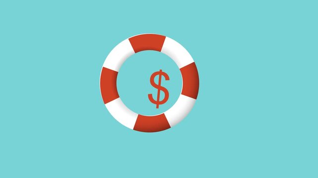 Red and white lifebuoy ring with a dollar sign. Vector economy business illustration on a blue background. Financial support and rescue help
