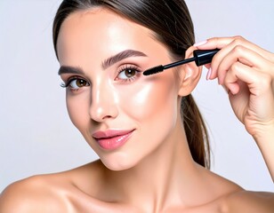 Fototapeta premium A woman applying mascara, showcasing her beauty with glowing skin and a confident expression.