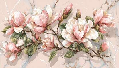 A delicate floral arrangement of magnolia blooms against a softly marbled, rosy background