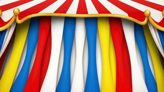 Vibrant circus tent interior with colorful striped curtains and golden trim, ready for a show.
