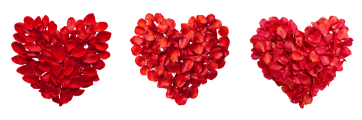  Set of A heart shape made from fresh red petals, vibrant color tones, realistic texture, modern minimal style isolated on a transparent background
