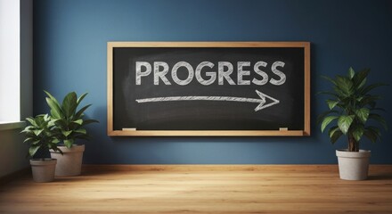 Progress" chalkboard with arrow on blue wall, plants flanking