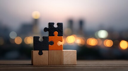 Puzzle pieces assembling on wooden blocks, city background. Symbolic teamwork & solutions
