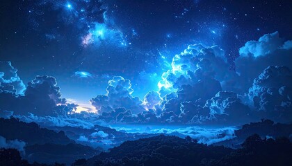 Celestial Nightscape of Luminous Clouds and Starlit Sky Above Dark Silhouette of Landscape in Deep Blue and White Color Palette