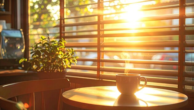 Illuminated Coffee Cup with Steam on Round Table Beside Window with Wooden Blinds and Bright Sunlight in Cozy Interior Setting