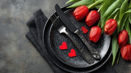 Fathers Day Menu. Black Table Setting with Vintage Cutlery, Red Tulips, and Decorative Hearts