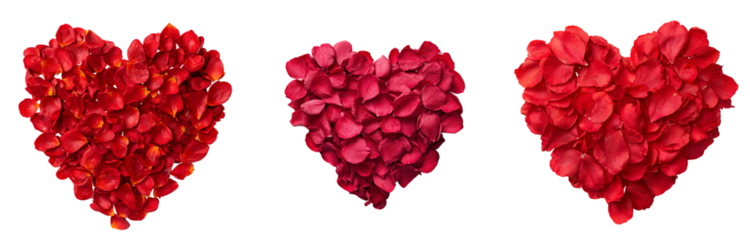 Set of A heart shape made from fresh red petals, vibrant color tones, realistic texture, modern minimal style isolated on a transparent background - Powered by Adobe