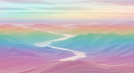 Dreamy pastel landscape with winding river and rolling hills in soft gradient colors.