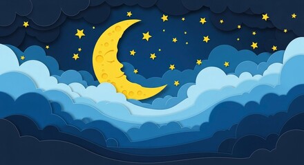 Whimsical paper-cut night sky with a sleeping crescent moon, twinkling stars, and layered blue cl...