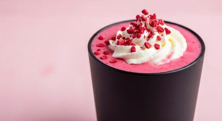 Vibrant pink drink with whipped cream and freeze-dried raspberries in a black cup on a pink backg...