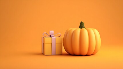 Pumpkin and Gift beside each other, on orange background, for Thanksgiving, promotion