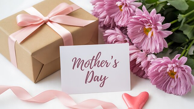 Beautiful mother's day gift box with pink flowers and card sweetheart candy