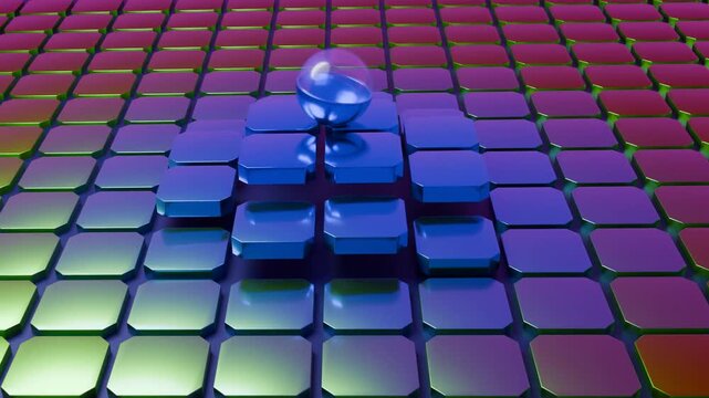 Anima&ccedil;&atilde;o 3D de uma esfera de vidro/plexi rolando sobre uma grade de blocos quadrados com cantos arredondados. &Agrave; passagem da esfera, os blocos sobem/abaixam criando ondas e deforma&ccedil;&otilde;es.