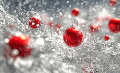 Red spheres emerge and splash into a clear, flowing liquid. Blurred backdrop